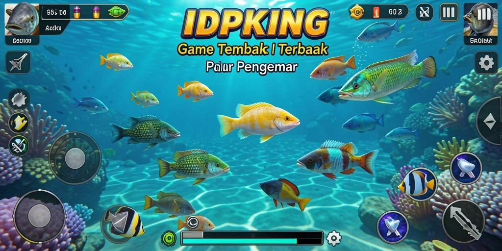 Tampilan screenshot utama IDPKING menampilkan aksi menembak ikan yang menegangkan.