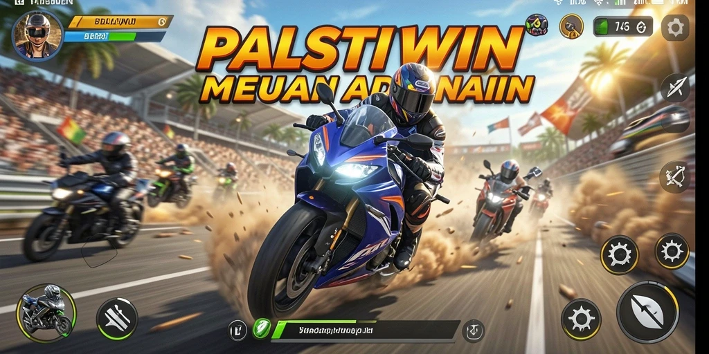 Screenshot gameplay PASTIWIN menunjukkan balapan motor yang mendebarkan.